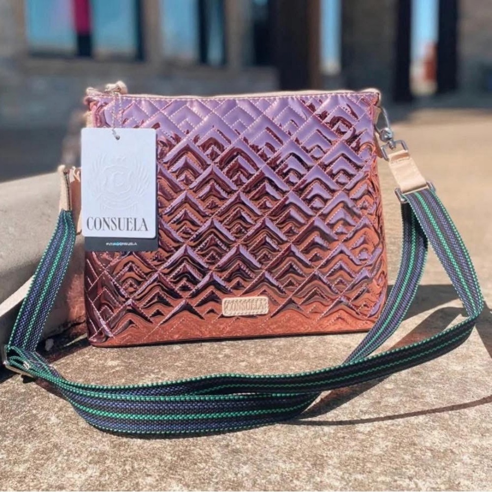Consuela Metallic Rose Quilted Crossbody with Striped Strap